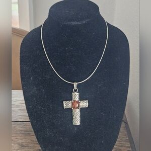 Vintage Massive Sterling Silver Cross Amber Pendant Omega Necklace 18" 40g MCM